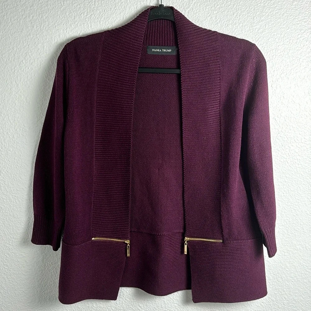 Ivanka Trump Plum Open Cardigan with Gold Zipper Detail